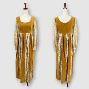 70s Vintage Couriers Velvet Lace Prairie Boho Empire Waist Peasant Maxi Dress